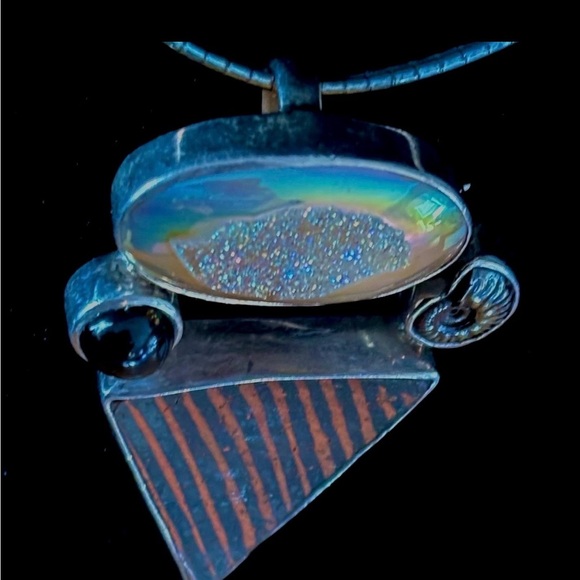 Artisan Silver Druzy Quartz + Black Star Diopside + Ammonite Fossil Pendant/Pin - Picture 4 of 11